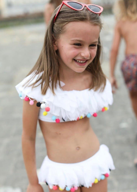 white draped bikini with petals & pom poms for girls by Stella Cove