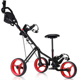 Foldable 3 Wheels Push Pull Golf Trolley with Scoreboard Bag-Red
