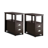 Set of 2 End Table Wooden with 2 Drawer & Shelf Bedside Table-Dark Brown