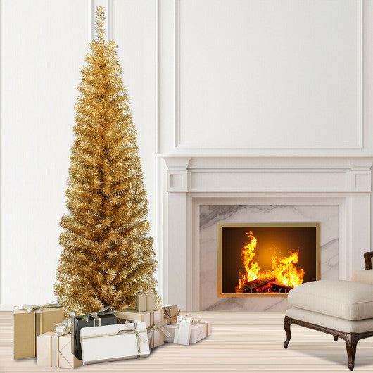 6 Feet Tinsel Tree Unlit Slim Pencil Christmas Tree-Champagne