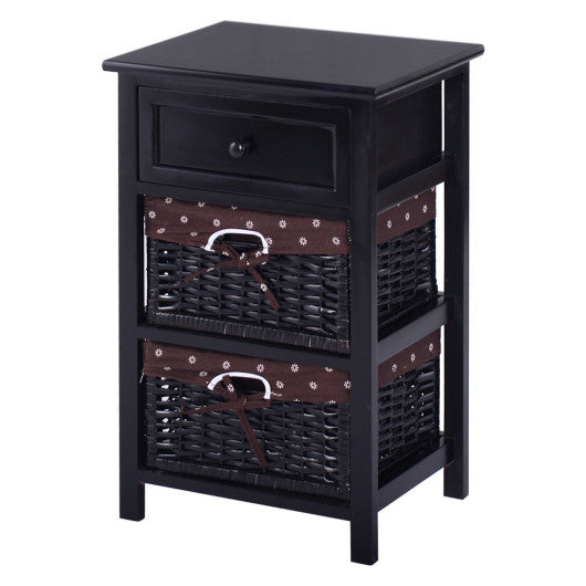 3 Tiers Wooden Storage Nightstand with 2 Baskets and 1 Drawer-black