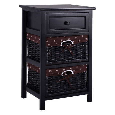 3 Tiers Wooden Storage Nightstand with 2 Baskets and 1 Drawer-black