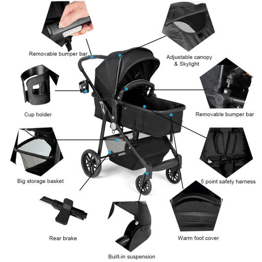 2-in-1 Foldable Pushchair Newborn Infant Baby Stroller-Black