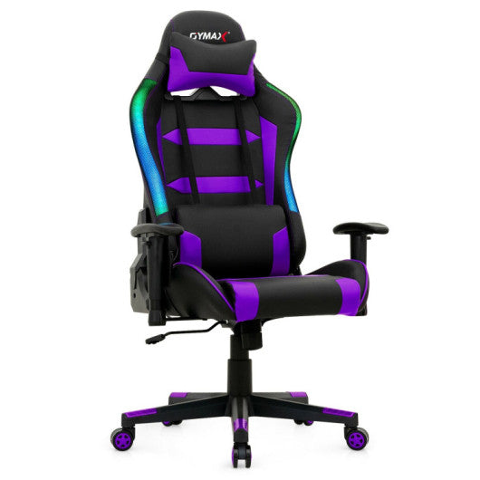 Adjustable Swivel Gaming Chair with LED Lights and Remote-Purple