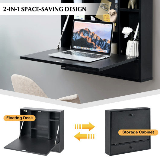 Wall-Mount Floating Desk Foldable Space Saving Laptop Workstation Black