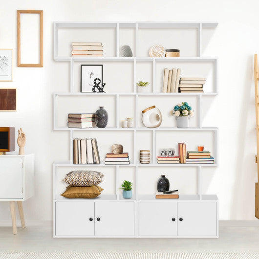 6-Tier S-Shaped Freestanding Bookshelf with Cabinet and Doors-White
