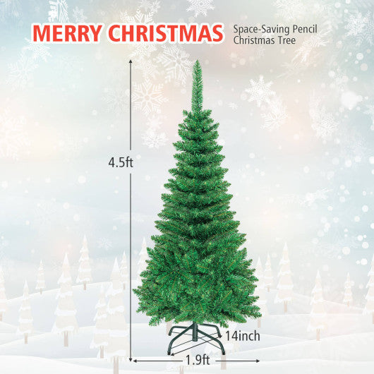 4.5 ft Pre-Lit Premium Hinged Artificial Fir Pencil Christmas Tree with LED Lights-Green