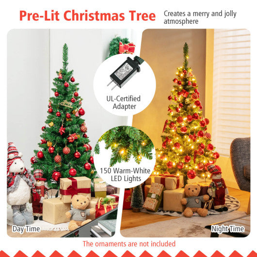 4.5 ft Pre-Lit Premium Hinged Artificial Fir Pencil Christmas Tree with LED Lights-Green