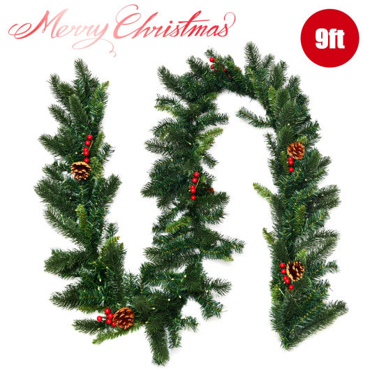 9 Feet Pre-lit Artificial Christmas Garland Red Berries with LED