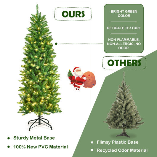 6 Feet PVC Hinged Pre-lit Artificial Fir Pencil Christmas Tree with 150 Warm White UL-listed Lights-6 ft