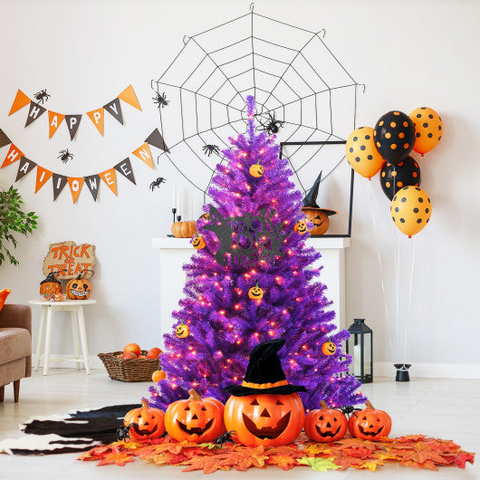 Artificial Prelit Purple Halloween Tree with Orange Lights and Pumpkin Ornaments-5'