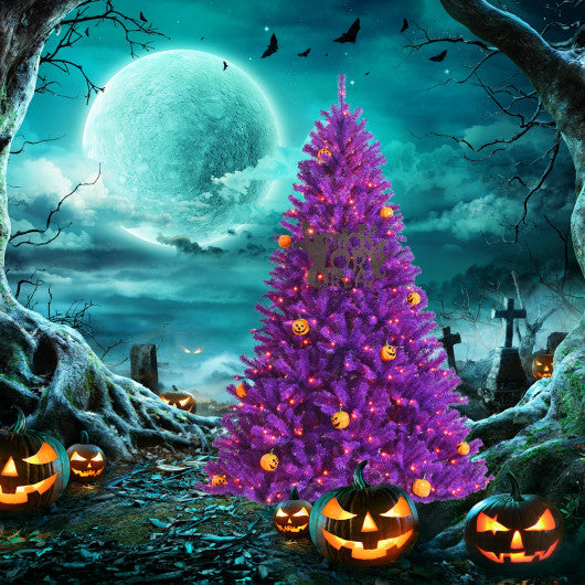 Artificial Prelit Purple Halloween Tree with Orange Lights and Pumpkin Ornaments-6'