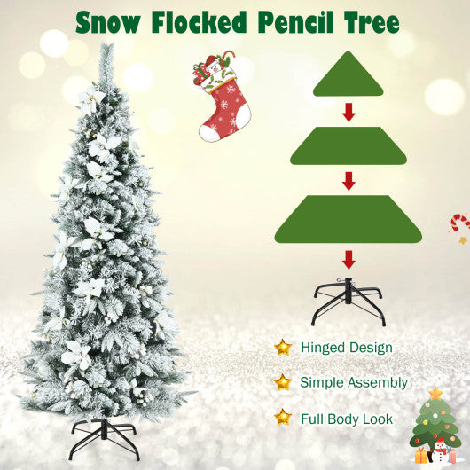 Snow Flocked Christmas Pencil Tree with Berries and Poinsettia Flowers-6 ft