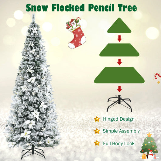 Snow Flocked Christmas Pencil Tree with Berries and Poinsettia Flowers- 8 ft