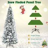 Snow Flocked Christmas Pencil Tree with Berries and Poinsettia Flowers- 8 ft