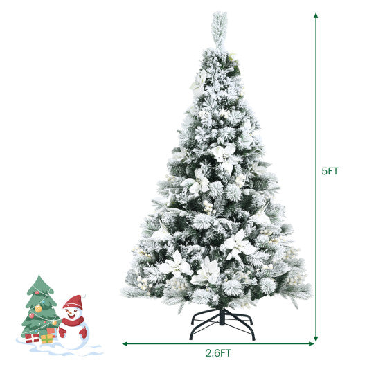 Snow Flocked Christmas Pencil Tree with Berries and Poinsettia Flowers-5 ft