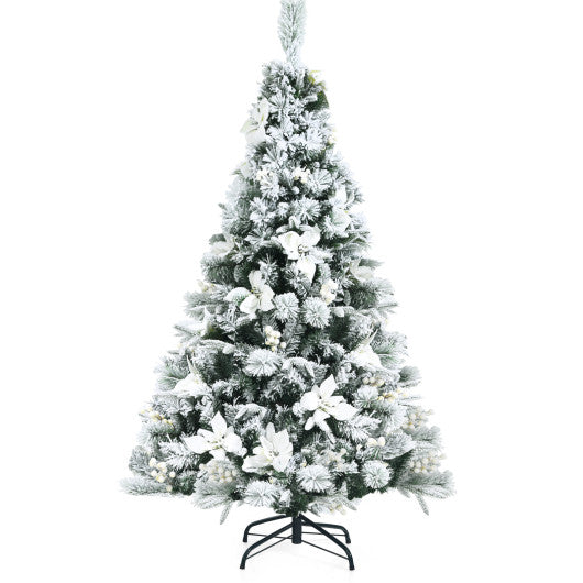 Snow Flocked Christmas Pencil Tree with Berries and Poinsettia Flowers-5 ft