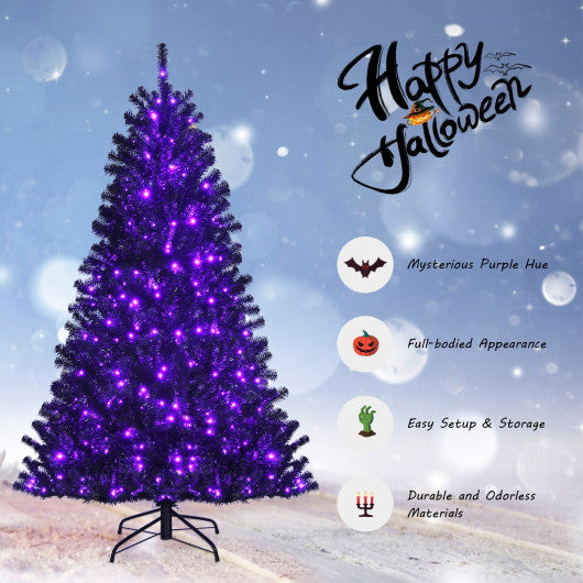 Black Artificial Christmas Halloween Tree with Purple LED Lights-6'