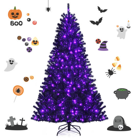 Black Artificial Christmas Halloween Tree with Purple LED Lights-7'