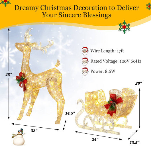 Christmas Reindeer Sleigh Decoration with 100 Lights-Golden