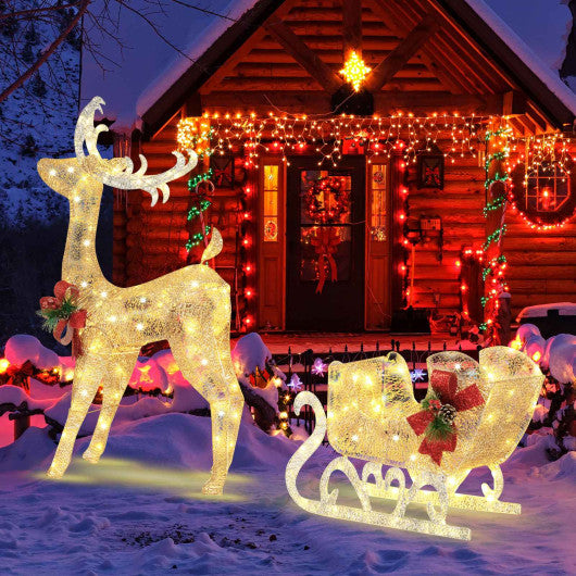 Christmas Reindeer Sleigh Decoration with 100 Lights-Golden