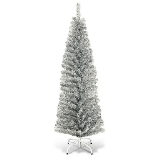 6 Feet Tinsel Tree Unlit Slim Pencil Christmas Tree-Silver