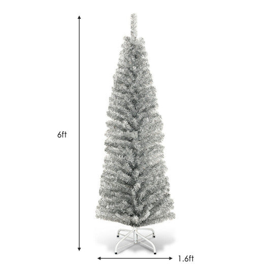 6 Feet Tinsel Tree Unlit Slim Pencil Christmas Tree-Silver