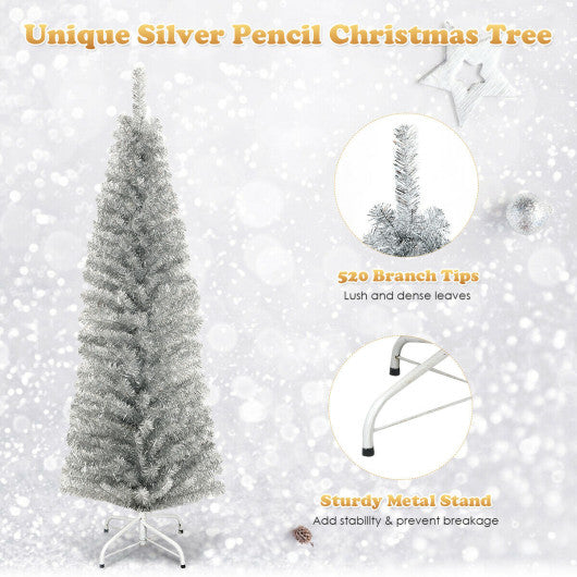 6 Feet Tinsel Tree Unlit Slim Pencil Christmas Tree-Silver