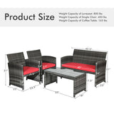 4 Pieces Patio Rattan Furniture Set with Cushions-Red