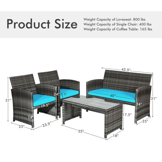 4 Pieces Patio Rattan Furniture Set with Cushions-Turquoise