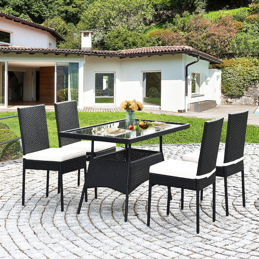 5 Pieces Outdoor Patio Rattan Dining Set with Glass Top with Cushions