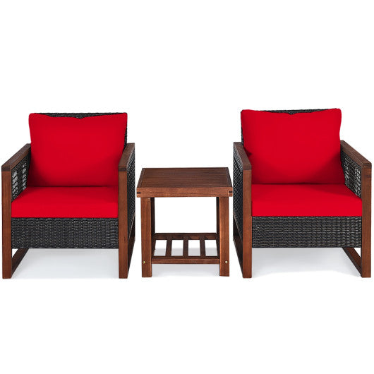 3 Pieces Acacia Wood Patio Furniture Set with Coffee Table-Red