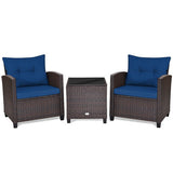 3 Pcs Patio Rattan Furniture Set Cushioned Conversation Set Coffee Table-Navy