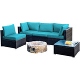 5 Pieces Cushioned Patio Rattan Furniture Set with Glass Table-Turquoise