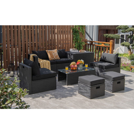 8 Pieces Patio Rattan Storage Table Furniture Set-Black