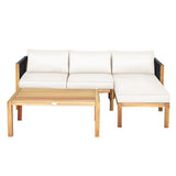 3 Pieces Patio Acacia Wood Sofa Furniture Set with Nylon Rope Armrest-White