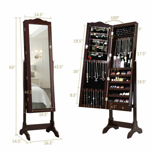 14 LED Jewelry Armoire Cabinet with Full Length Mirror and 4 Tilting Angles-Coffee