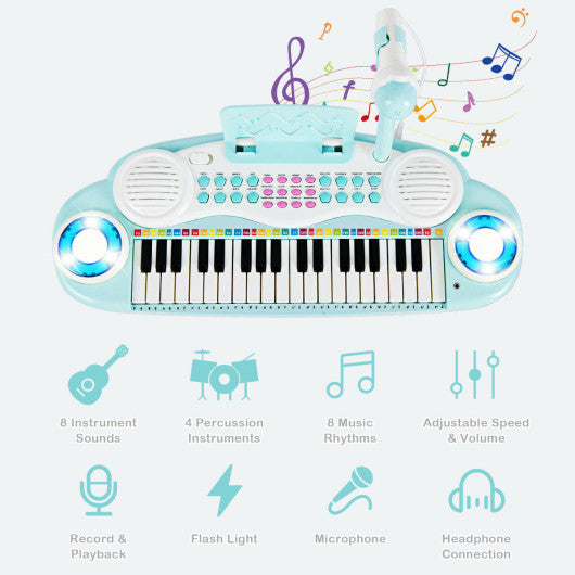 Multifunctional 37 Electric Keyboard Piano with Microphone-Blue