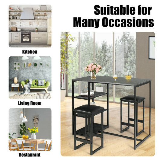 3 pcs Dining Set with Faux Marble Top Table and 2 Stools-Black