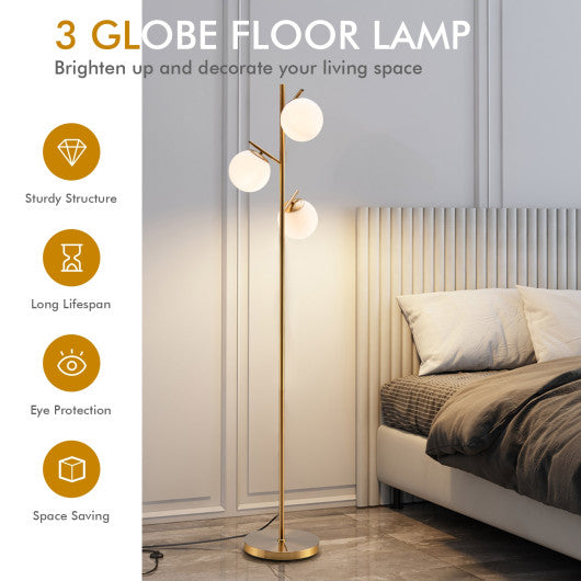 3-Globe Floor Lamp with Foot Switch and Bulb Bases-Golden