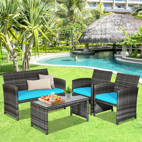 4 Pieces Patio Rattan Furniture Set with Cushions-Turquoise