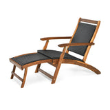 Patio Rattan Folding Lounge Chair with Acacia Wooden Frame Retractable Footrest