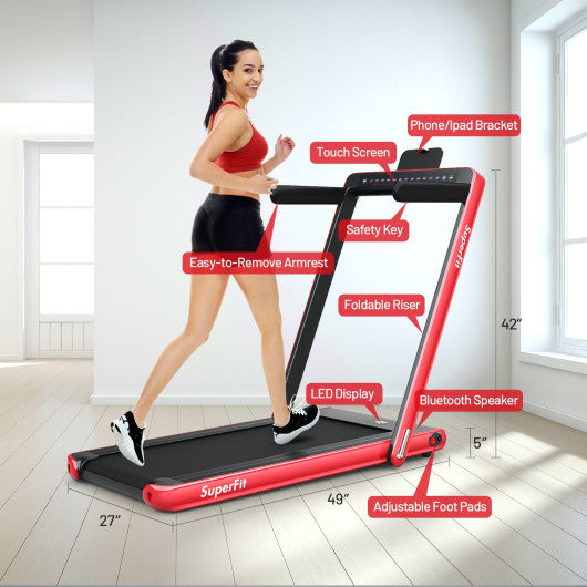 2-in-1 Electric Motorized Health and Fitness Folding Treadmill with Dual Display and Speaker-Red