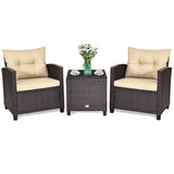 3 Pcs Patio Rattan Furniture Set Cushioned Conversation Set Coffee Table-Beige