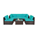 6 Pieces Patio Rattan Furniture Set with Cushions and Glass Coffee Table-Turquoise