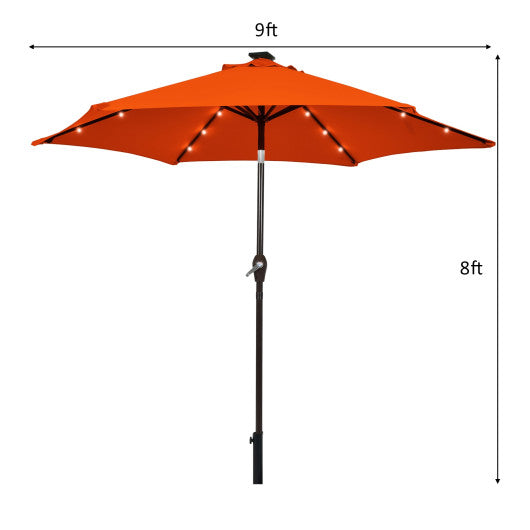 9 Feet Solar LED Lighted Patio Market Umbrella Tilt Adjustment Crank Lift-Orange