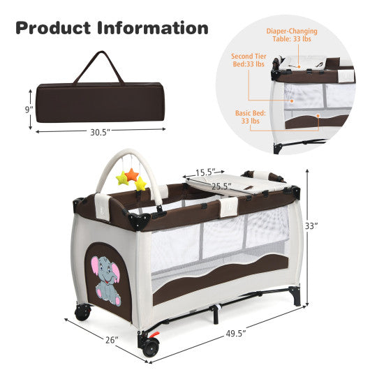 Baby Crib Playpen Playard Pack Travel Infant Bassinet Bed Foldable 4 color-COFFEE
