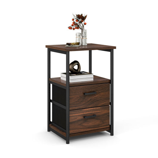 3-Tier Retro Nightstand with 2 Removable Fabric Drawers and Open Shelf-Walnut