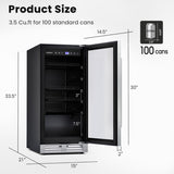 15 Inch 100 Can Built-in Freestanding Beverage Cooler Refrigerator with Adjustable Temperature and Shelf-Silver