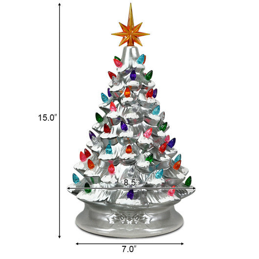15 Inch Pre-Lit Hand-Painted Ceramic Christmas Tree-Silver
